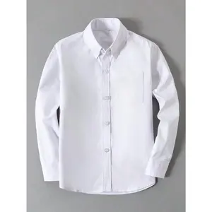 Boys' Long Sleeve Button Shirt with Chest Pocket - Solid Color, Non-Stretch Fabric, Regular Fit, College Style, Suitable All Seasons