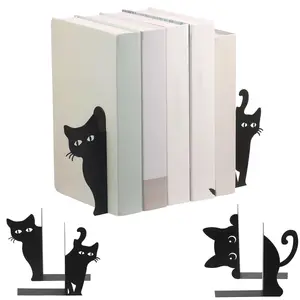 2pcs Black Cat Bookend Metal Creative Peeping Cat Design Bookends for Bookshelf Shelf, Home, Study Room, School Bookends