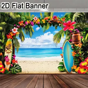 2D flat banner, 1pcVibrant tropical beach scene backdrop, perfect for summer party decorations, photography props, indoor or outdoor events, and festive home decor. Features sandy shore, palm trees, and colorful floral arch. Multiple sizes availabl