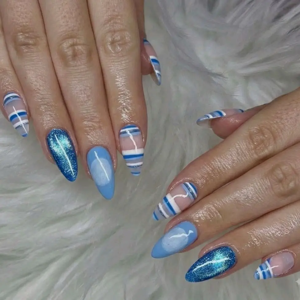 Blue Glitter and White Striped Nails with Blue Tips and White Stripes