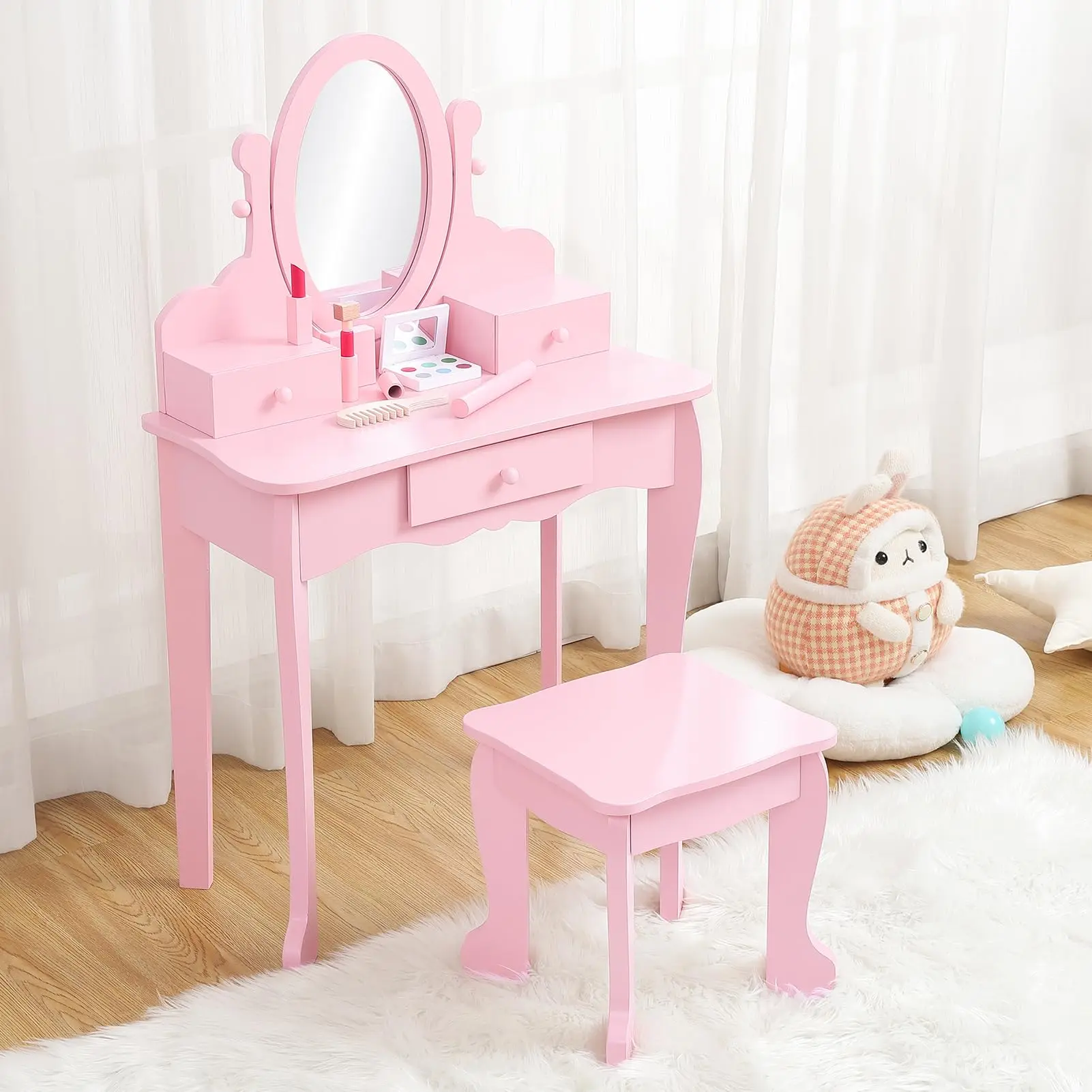 GARVEE Kids Vanity Desk Table - Low-Toxic MDF Wood Cute Small Stand-Alone Makeup Vanity, Pink Dress-Up Playset for 4-9 Age Girls with Adjustable Mirror, Round Edges, Stool, Instructions, Indoor Role-Playing Furniture, Cute Makeup Vanities