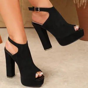 Full leather Korean version high-heeled sandals for women, thick heels, fish mouth waterproof platform, popular high-end fashion shoes with skirts