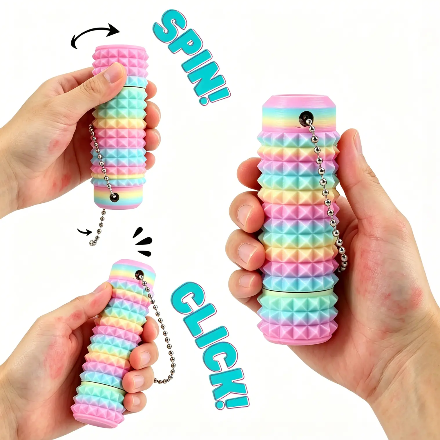 Spin Click Multi-Sensory Fidget Keychain Stim Tool - Gentle-Touch, Spin, Squeeze, Click, Vibrant Colors, Anxiety Relief Products, ADHD Finds, Textured Spin Click Fidget Stick, Sensory Calming Stress Relief Toy, Cute Fidgets