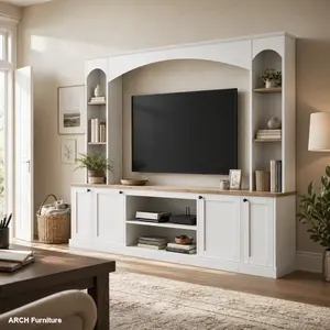 91-in Arched Silhouette Farmhouse TV Stand - Elegant Wood Grain Entertainment Center Wall Unit with Bookshelf, Adjustable Shelves, Farmhouse Look Living Room Media Console for TVs Up to 70", White [Assembly Video]