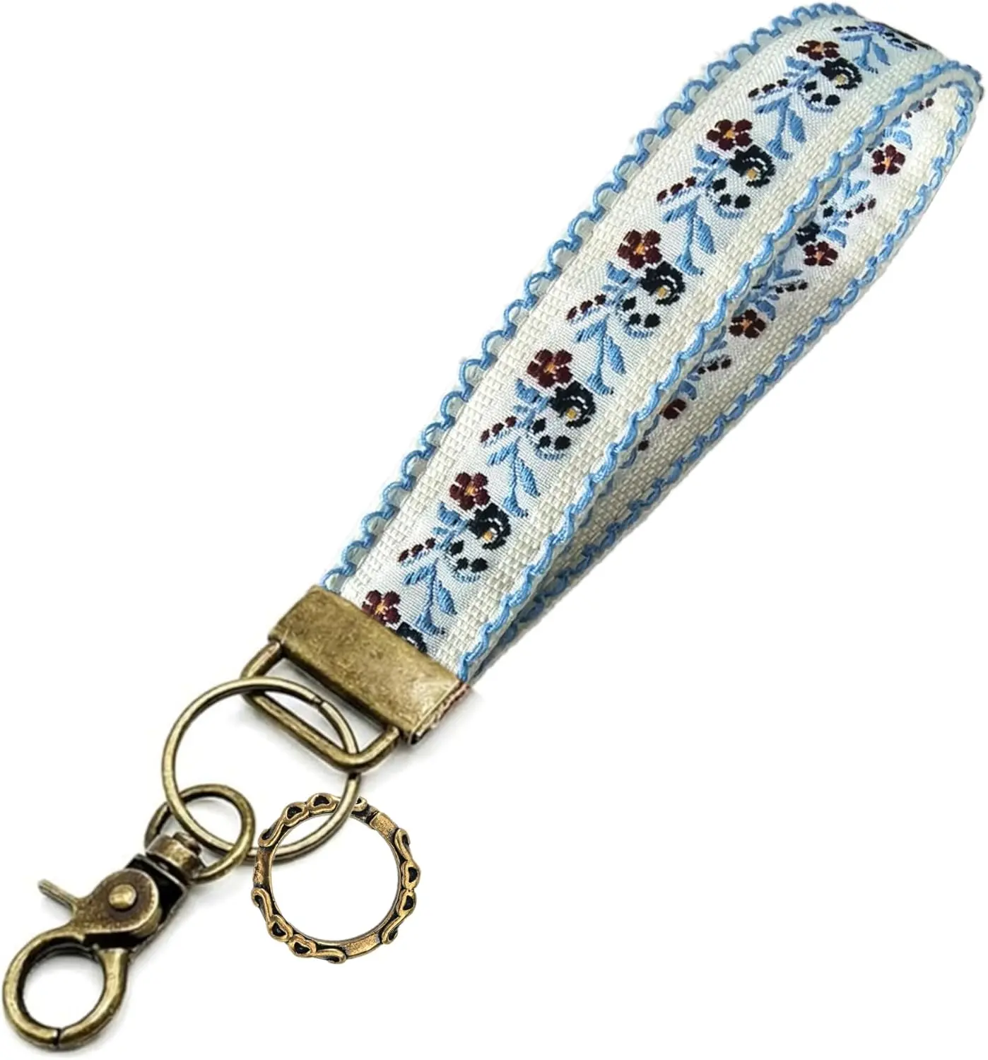 Boho Embroidered Wristlet Keychain for Women,Cute Floral Fabric Key Chain Lanyard& Antique Brass Clasp for Purse