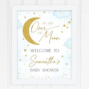 Editable Blue We are Over the Moon Baby Shower Welcome Sign Twinkle Little Star Baby Shower Poster Gold Moon Star Boy Decor BBS751