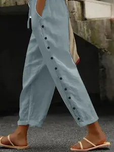 Women’s summer solid color patchwork 9/10 pants with drawstring and button design, comfortable casual long pants for everyday wear