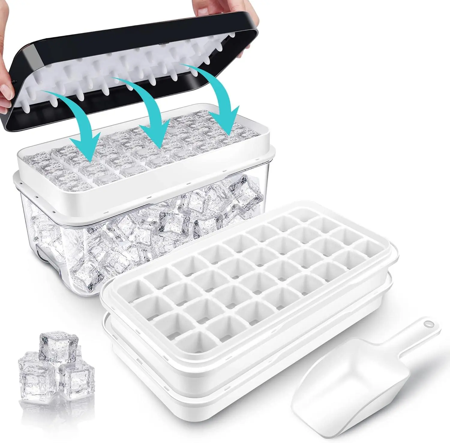 Ice Trays for Freezer with Lid & Bin, Ice Cube Tray Making 64 Pcs Ice Cubes, Easy Press to Release Ice, Ice Tray with Storage Bin Chilling Cocktail Whiskey Coffee 2 Trays 1 Ice Bucket & Scoop (Black) QUELIEN
