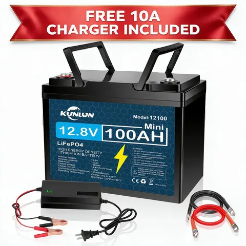 KUNLUN 12V 100Ah LiFePO4 High Capacity Rechargeable Battery Model 12100 - 100A Smart BMS, 5000+ Cycles, 1280Wh Energy, Maintenance-Free, -20°C~50°C, Solar Off-Grid Backup Power, Outdoor Emergency Battery with Charging Cable for RV