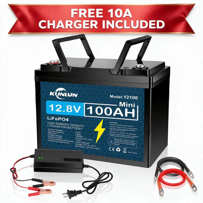 KUNLUN 12V 100Ah LiFePO4 High Capacity Rechargeable Battery Model 12100 - 100A Smart BMS, 5000+ Cycles, 1280Wh Energy, Maintenance-Free, -20°C~50°C, Solar Off-Grid Backup Power, Outdoor Emergency Battery with Charging Cable for RV