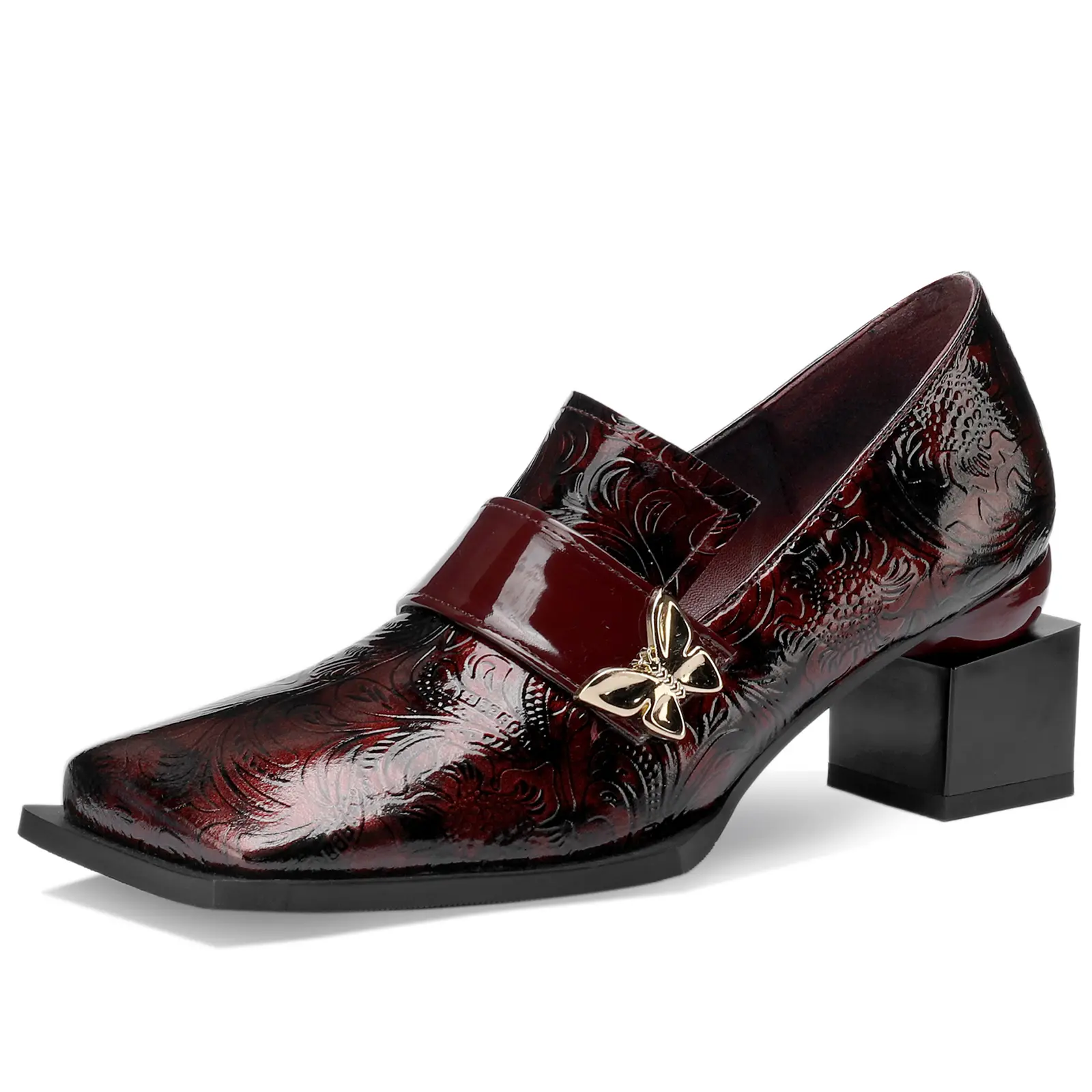 TDD Women's Patent Leather Butterfly Loafers Square Toe Buckle Footwear 2-in Chunky Block Heel Slip-Ons Wide Comfortable Casual Dressy Moccasins 062