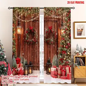 2D Flat, 2 Pieces Red and Gold Christmas Curtains with Wreath and Garland Design - Insulated Polyester, Cordless Top Eyelets, Machine Washable All-Season Curtains, Suitable Bedroom, Living Room, Party Decoration (Red/Gold/Green) - Complete Hardware, Easy
