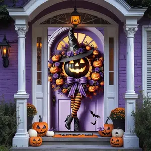 Halloween Door Cover Flag, Large Pumpkin Witch Hat Garland Background Image Backdrop Picture, Front Porch Door Banner Decoration, Party Props, 5 Pcs