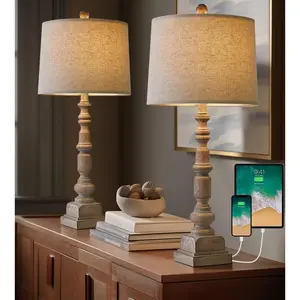 27.75"  Farmhouse USB Table Lamps Set of 2 for Living Room Bedroom Traditional Bedside Nightstand Lamp with Dual USB Port  Table Lamp with Rotary  for Living Room Bedroom