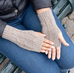 Baby Alpaca Fingerless Gloves Wrist High, Cable Knit Womens Casual Gloves
