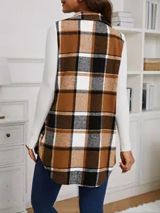Spring Autumn Fashion Lapel Single Button Plaid Print Hem Detail Fitted Sleeveless Vest Jacket, Stylish Women's Outerwear, Casual Wear, Womenswear