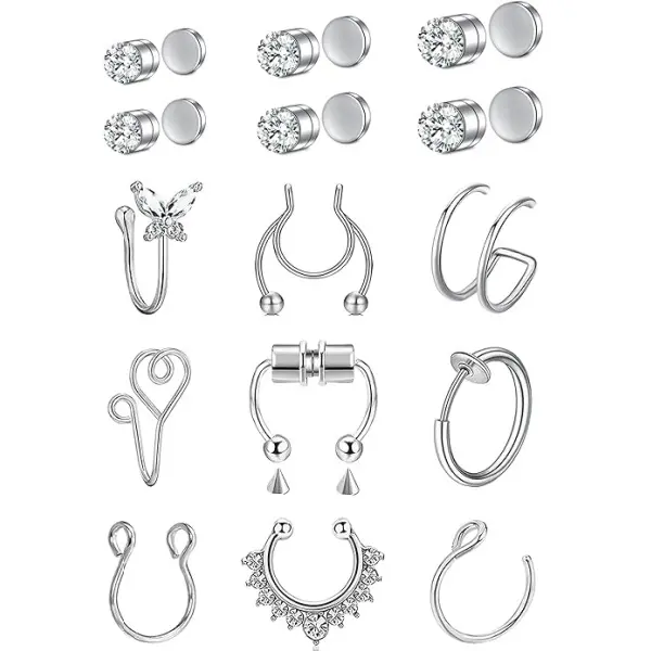 16 PCS Fake Nose Ring Hoop Fake Nose Stud Magnetic Septum Nose Ring Stud Stainless Steel CZ Fake Nose Piercing Stud Faux Nose Ear Lip Cuffs Non Pierced Jewelry for Women Men