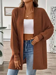 Women's Casual Open Front Cardigan with Long Sleeves & Ribbed Texture Soft Warm Knitwear Coat for Fall & Office Daily Wear Chic Solid Color Duster