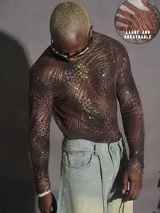 Men's Leopard Print Sequined Long Sleeve Top, Animal Print Shirt, Casual Slim-Fit Design, All-Over Print, Thin Fabric, Perfect for Parties & Street Style, Casual Fashion Top