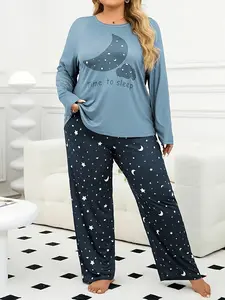 Women's Fall Winter Plus Size Pajama Set Soft Knit Pajama, Moon Star Print Long Sleeve Long Pants, Casual Loose Comfortable Homewear Loungewear Two-Piece Suit