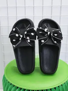 Women's Polka Dot Print Bowknot Design Slides, Casual Comfortable Home Slippers, Non-slip Soft Slippers for Indoor & Outdoor Wear, Walking Shoes, Footwear