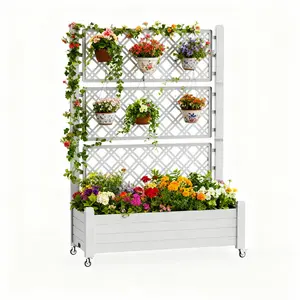 Tall Resin Planter Box with Wheels & Trellis, Grey Mobile Raised Garden Bed with Hanging Hooks & Drainage