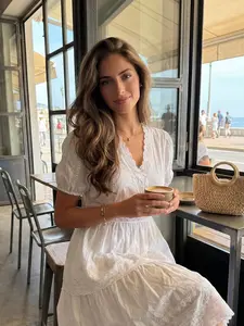 Elegant Lace Dress for Women, Hollow Out Design, V Neck French Waist Cinching, Slimming Embroidered Beachwear for Summer Vacation