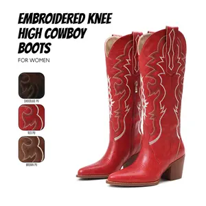 Cowboy Boots for Womens Knee High Boot Embroidered Pointed Toe Chunky Block Heel Side Zipper Comfy Wide Calf Easy Pull on Retro Classic Western Party Festival Wedding Summer Long Tall Dressy Fashion Cowgirl Shoes