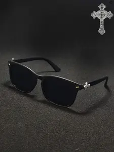 Unisex Geometric Frame Cross Pendant Accessory, Elegant Rhinestone Design, Square Shape, Decorative Lens, Casual Fashion Eyewear