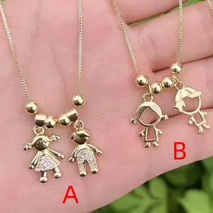 18K Gold-Plated Girl & Boy Double Charm Box Chain Necklace with Zircon