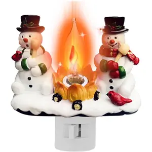 Christmas Decorations，Snowman Campfire Night Light，4 Inch Resin Rotating Plug Christmas Night Light With Flame Flicker Effect, Suitable For Children's Room, Hallway, Living Room, Staircase Decoration
