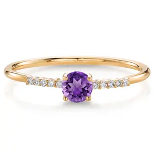 10K Yellow Gold 4MM Round Gemstone Birthstone and Lab Grown Diamond Engagement Ring | Wedding Anniversary Promise Gold Ring for Women | Size 5-9