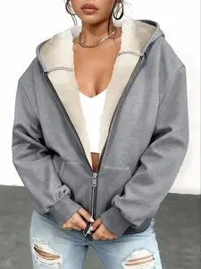 Trendy Zipper Hoodie for Women, Casual Fashion Sportswear, Plain Loose Fit Sweatshirt, Inner Fleece Thickened for Fall Winter