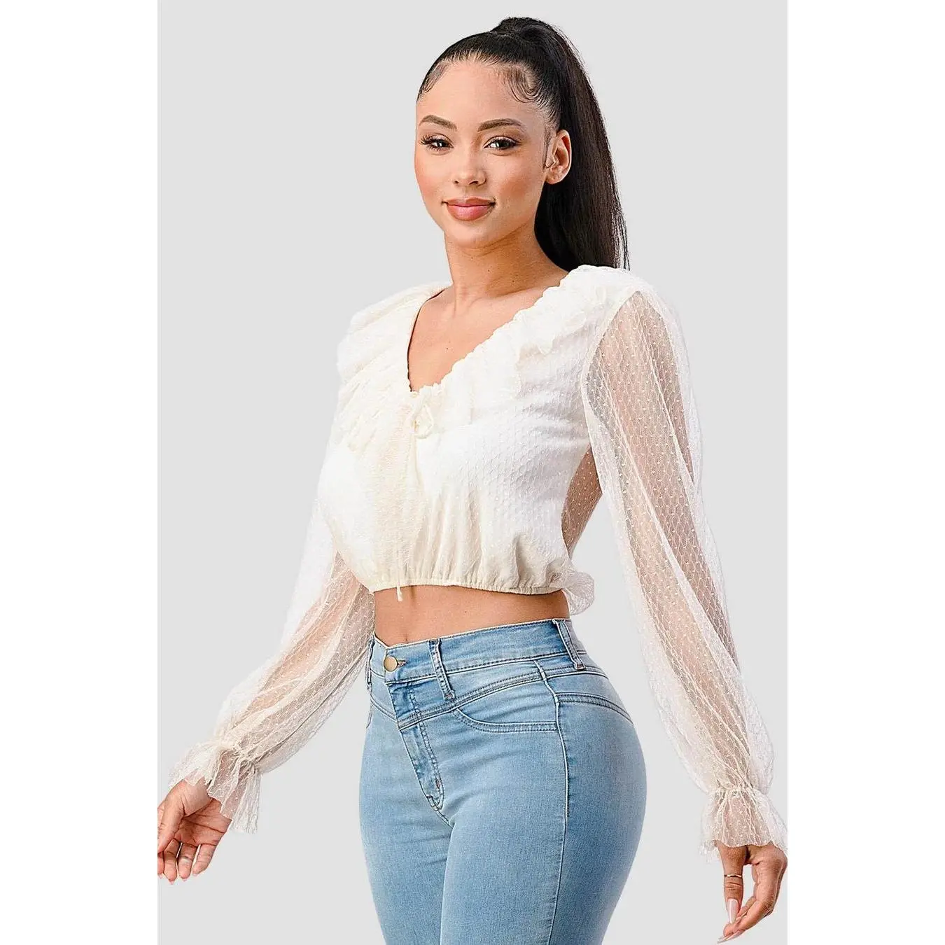 Women's Polka Dot Mesh Fabric Blouse - V-Neck, Ruffled, Draped, Drawstring Bow, Puff Long Sleeves, Cropped Shirt