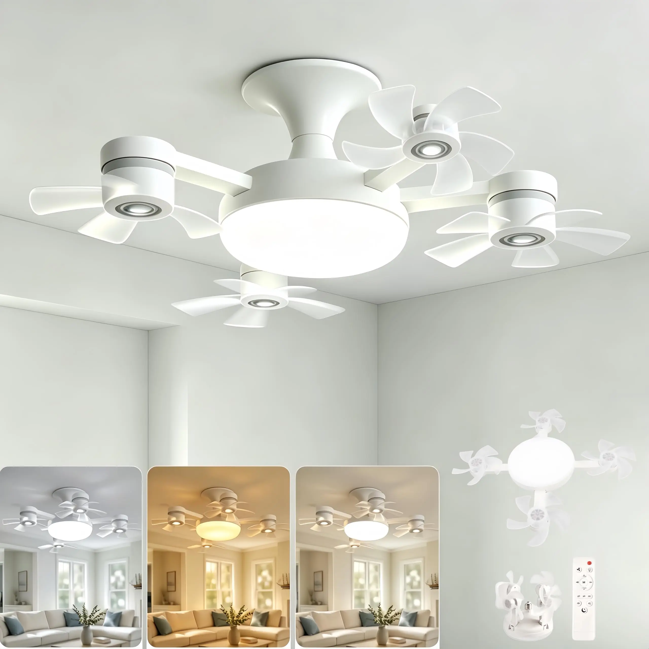 No-Drill Screw-In Ceiling Fan with Light | 50CM Drone Style E27 B22 Socket LED Fan Lamp | Remote Dimmable Timing Whisper-Quiet Fan Light | Space-Saving Essential for Dorm Small Apartment Bedroom