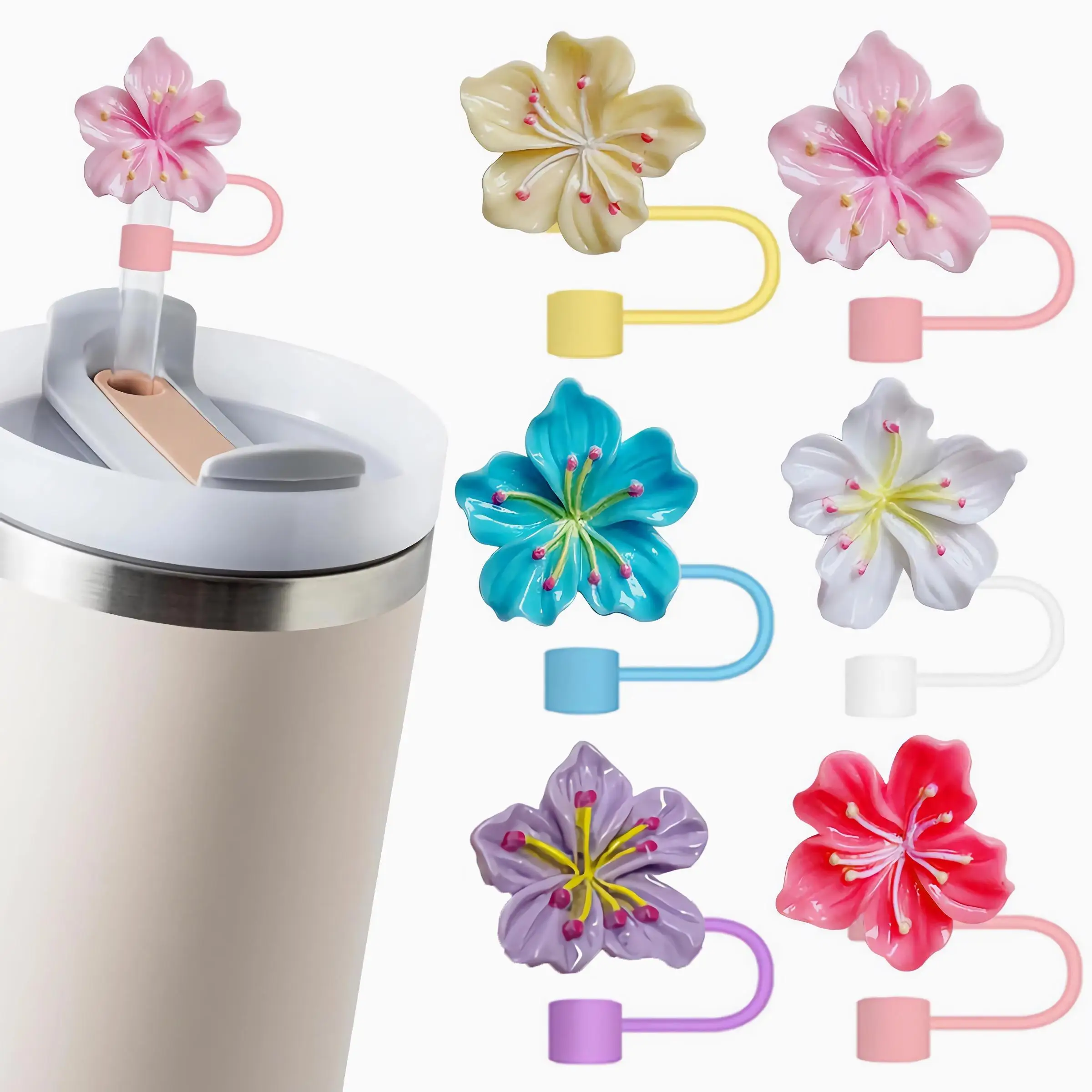 Flower Shaped Straw Cap, 6 Counts/set Reusable Silicone Straw Cover, Dustproof Straw Topper, Drinkware Accessories for Home, Office, Outdoor Camping