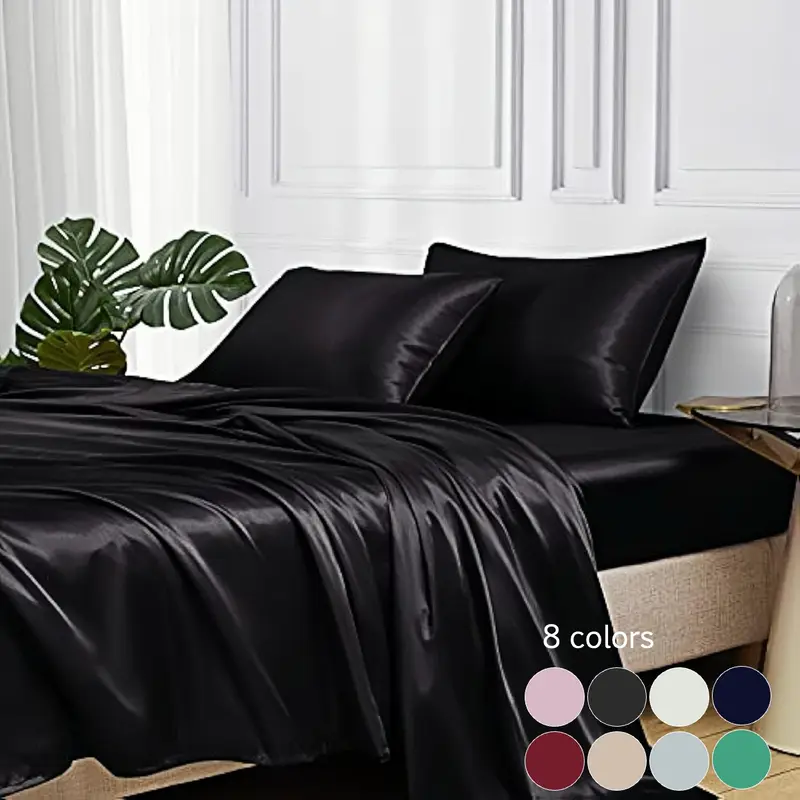 4Pcs Satin Sheet Set, Satin Bed Sheets – Smooth Satin, Includes 1 Flat Sheet+ Fitted Sheet+2 Pillowcases Deep Pocket Adjustable Fitted Sheet for Comfort Ideal for Bedrooms/Hotels Available in Twin/Full/Queen Sizes