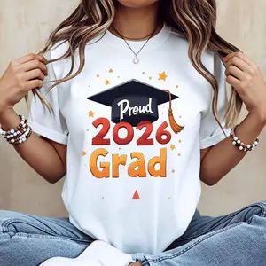Proud 2026 Grad Graduation T-Shirt, Cotton, Casual Style, Crew Neck, Short Sleeve, Regular Fit, Summer Wear, Machine Washable, Do Not Dry Clean, Made in USA