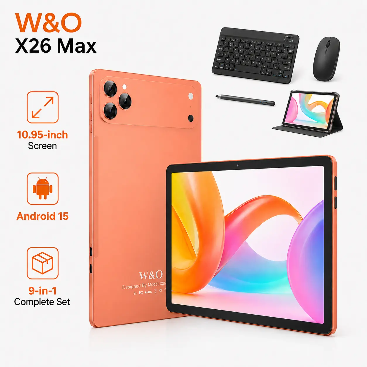 【TikTokShopBackToSchool】W&O 2026 Android 15, 11-inch Tablet, 12GB RAM + 256GB Expandable Storage, Long Lasting Battery, 10000mAh Battery, 5G WiFi, Portable Device with Keyboard, Mouse, Case, Stylus, Dual Camera, Work, Valentine’s Day Gift bundle smart
