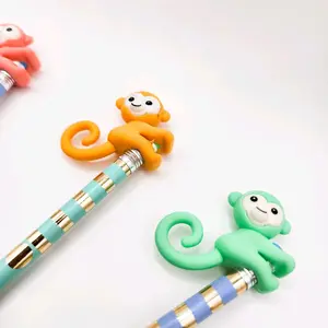 Cute Pencil Toppers for Girls - Colorful Stationery Writing Tools with Adorable Monkey Design - Soft Pastel Colors & Gold Foil Stripes - Perfect for School & Personal Use