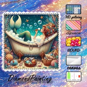 5D-DIY, premium velvet canvas, diamond art, diamond painting kit, mermaid, bathtub, shell, AB diamonds, fairy dust diamonds, crystal diamonds, perfect home decoration, handmade diamond art painting kit, special craft diamond art kit.