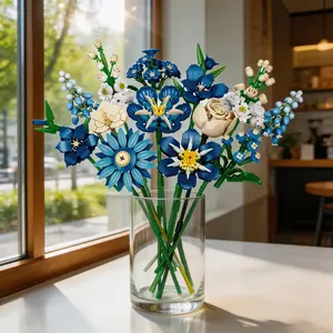 Blue Summer Building Block Flower Bouquet Set 766+ Pieces, Never Withered DIY Assembly Flowers, 9+ Blue Floral Types for Summer Home Decor, Perfect Gift for Mother's Day Birthday Anniversary