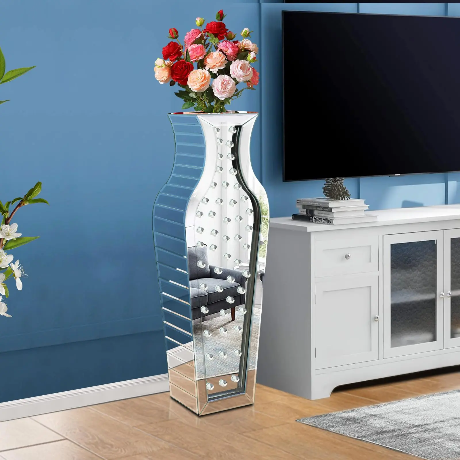 28" Tall Floor Vase, Silver Crystal Large Vases For Decor Living Room, Mirrored Home Decor Vases For Dried Flower.