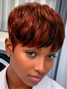 Women's Brazilian Remy Human Hair Pixie Cut Wig, Glueless 150% Density, Short Hair with Bangs, Natural, Machine-Madestraight Wig