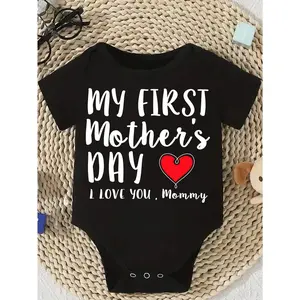 Cute Baby Bodysuit With My First Mothers Day I Love You Mommy Print Soft Versatile Round Neck Button Detail Regular Fit All Seasons Knitted Fabric Onesie For 0-12 Months
