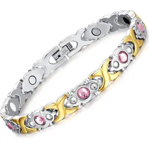 Feraco Ladies Magnetic Bracelets,Titanium Steel Magnetic Bracelets for Women,Adjustable Wristband include Tool in Gift Box(Sparkling Crystal Design)