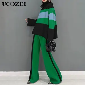 UOOZEE Women's 2-Piece Nylon Knit Casual Clothes Set - Long-Sleeve High-Neck Contrast-Color Split-Joint Flared-Sleeve Pullover Top & High-Waisted Loose Fit Trousers, Fashion Everyday Women's Clothes