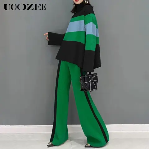 UOOZEE Women's 2-Piece Nylon Knit Style Clothing Set - Long-Sleeve High-Neck Contrast-Color Split-Joint Flared-Sleeve Sweater Top, High-Waisted Loose-Fit Matching Trousers for Everyday Wear