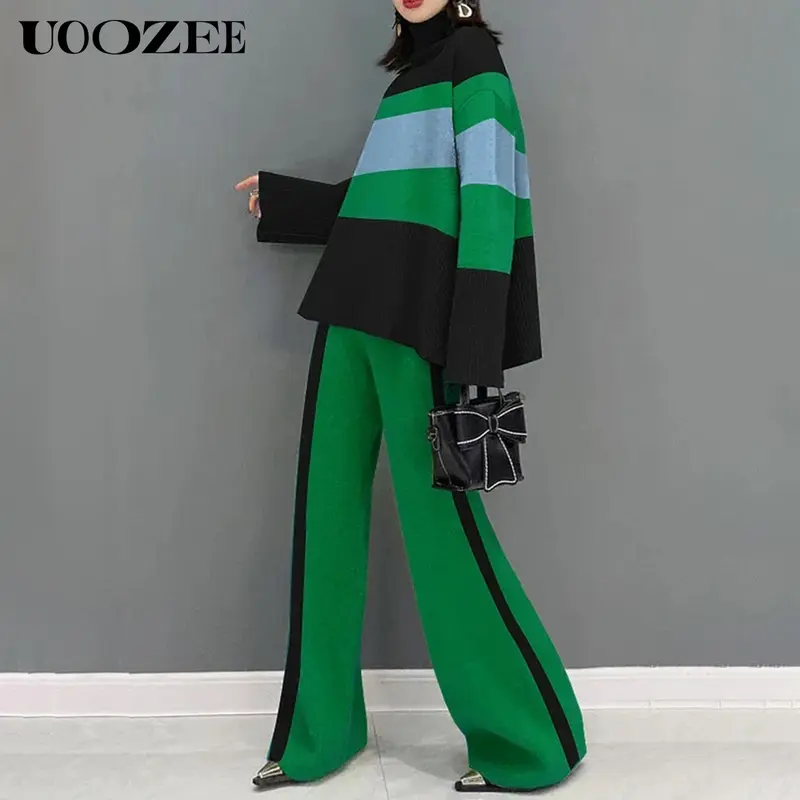 UOOZEE Women's 2-Piece Nylon Knit Style Clothing Set - Long-Sleeve High-Neck Contrast-Color Split-Joint Flared-Sleeve Sweater Top, High-Waisted Loose-Fit Matching Trousers for Everyday Wear