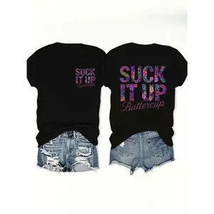 Suck It Up Buttercup Shirt, Floral Print Text T-Shirt, Double-Sided Graphic Tee, Sassy Attitude Casual Top, Boho Floral Quote Tee, Black Sarcastic Quote T-Shirt, Floral Pattern Text Print Shirt, Edgy Boho Women's Tee
